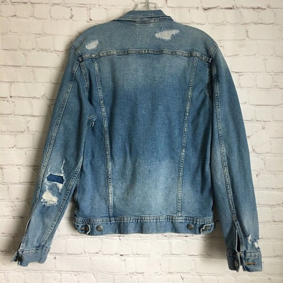 Old Navy Distressed Jean Jacket M Patched Frayed Destroyed Denim Trucker - Picture 2 of 9